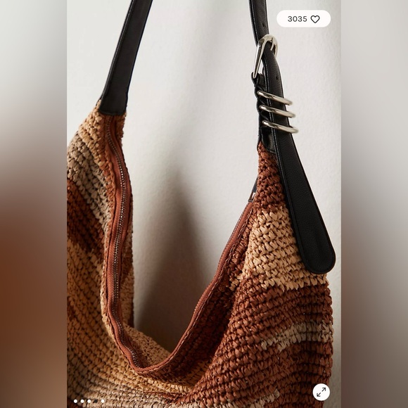 New NWT Free People Santorini Bag Slouchy Zip Raffia Woven/Leather Strap Purse - Picture 4 of 6